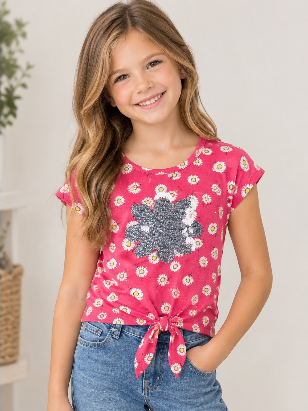 Lily Bleu Hot Pink Daisy Tie-Front Tee with Silver Sequin Flower